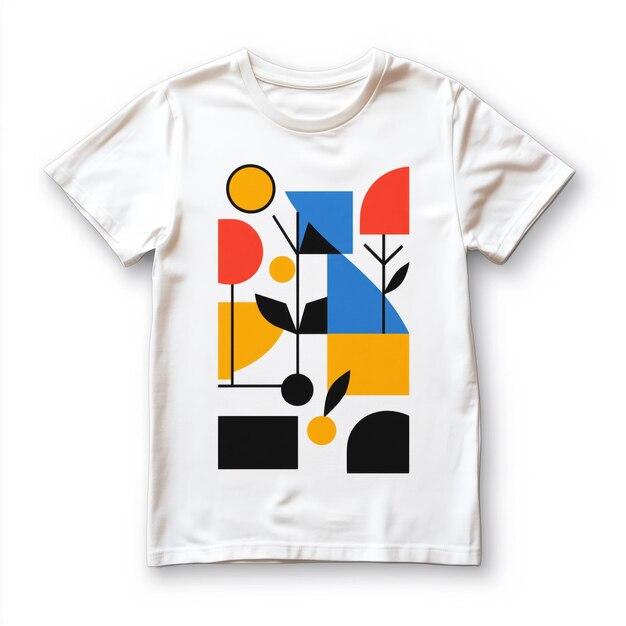 A flat lay mockup of a white t shirt featuring a geometric abstract design printed on the front The