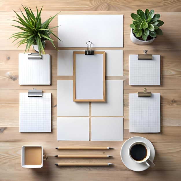 Photo flat lay mockup with blank stationery pencils and a cup of coffee on a wooden desk