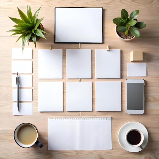 Photo flat lay mockup with blank stationery a phone and coffee on a wooden desk