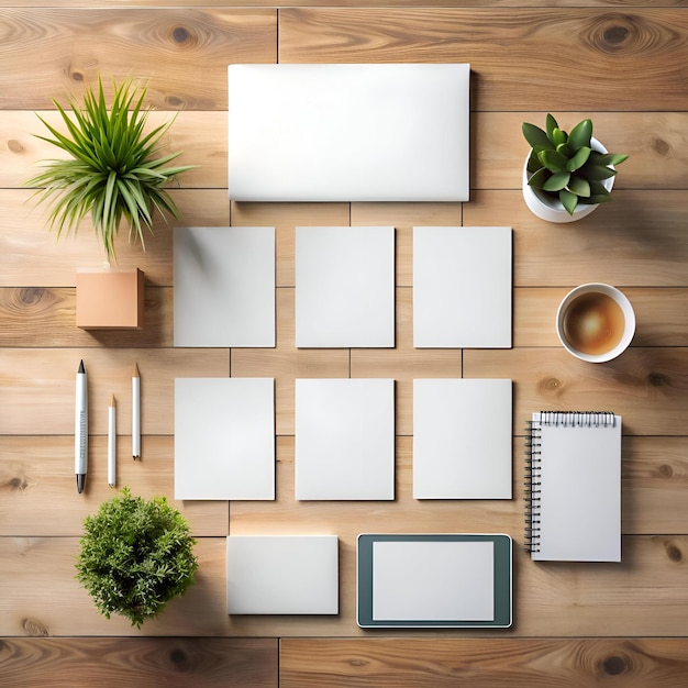 Photo flat lay mockup with blank white stationery on a wooden background