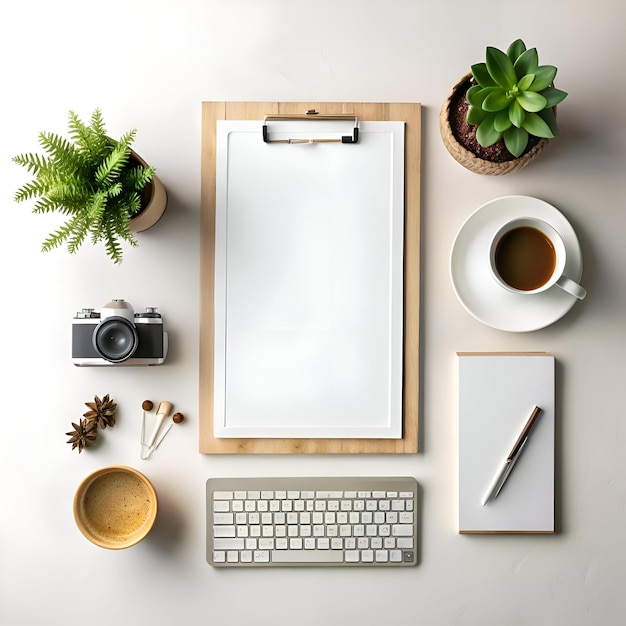 Photo flat lay mockup with clipboard keyboard coffee cup and notebook