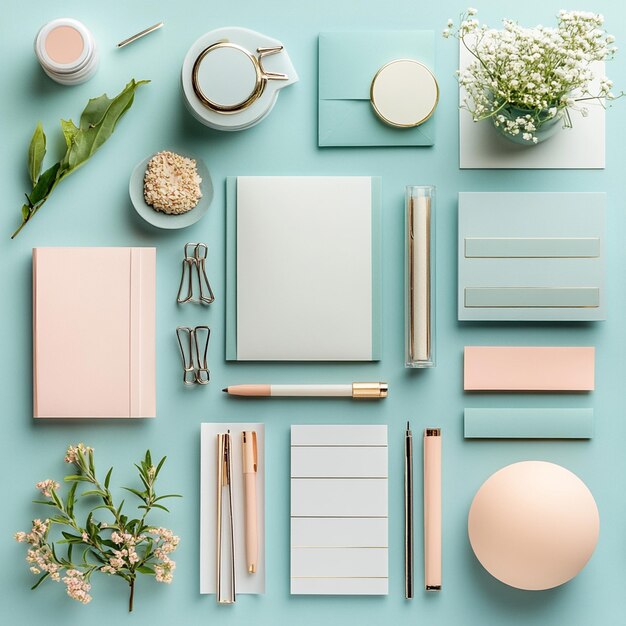 Photo flat lay mockup with pastel colored stationery paper flowers and pens on blue background