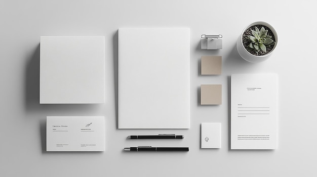 A flat lay of a modern office workspace with a minimalist design featuring a blank white letterhead business cards and two black pens