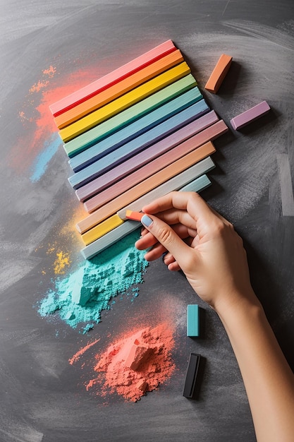 Flat lay of multicolored chalk and a woman hand