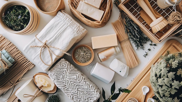 A flat lay of natural bath and body products on a white background