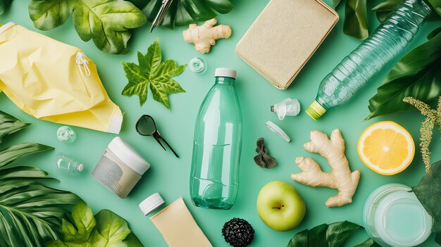 Photo a flat lay of natural and reusable items on a green background