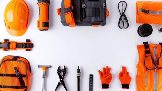 Photo flat lay of natural tools and safety gear arrangement