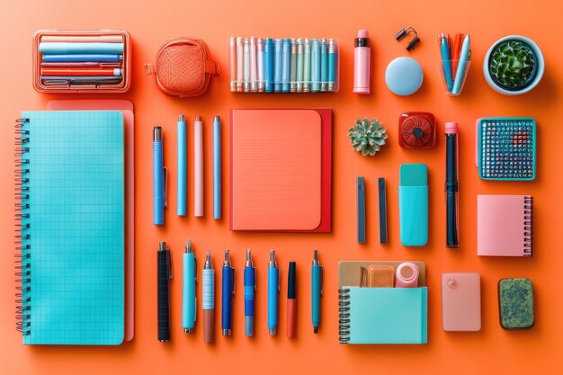 Photo flat lay of notebooks and stationery on a bright orange background creative desk arrangement