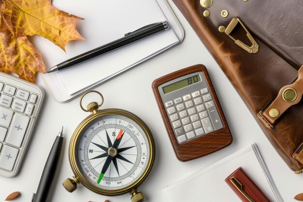 Photo flat lay of office stationery with compass and calculator