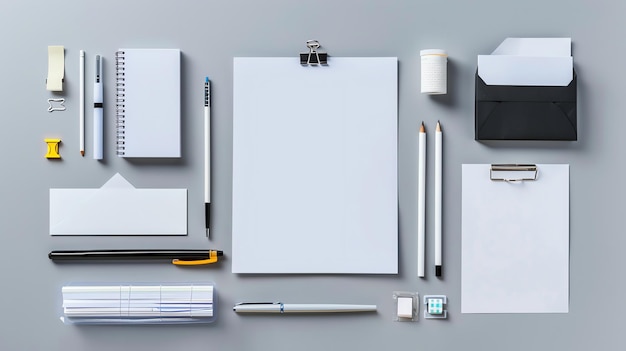 Photo a flat lay of office supplies on a gray surface including paper pens pencils and an envelope