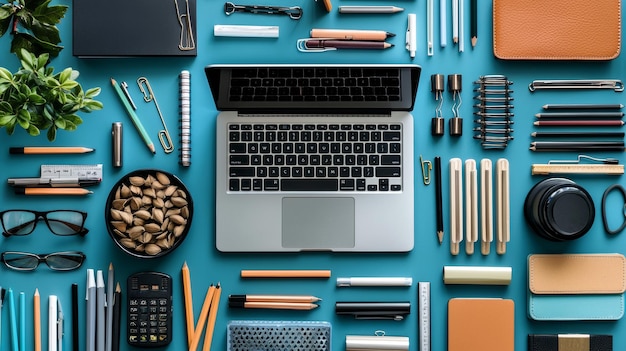 Photo flat lay of office supplies and laptop on blue background