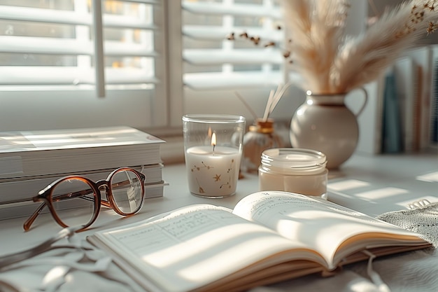 A flat lay of an open planner on top of a white desk with a pair of glasses