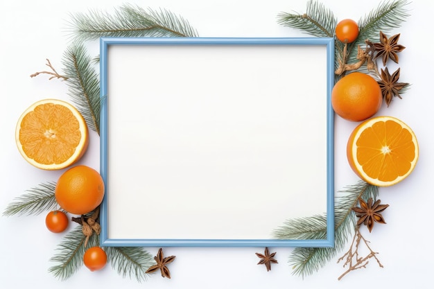 Flat lay overhead view of a decorated frame with candlesticks blue ribbon dry oranges and rowan bran