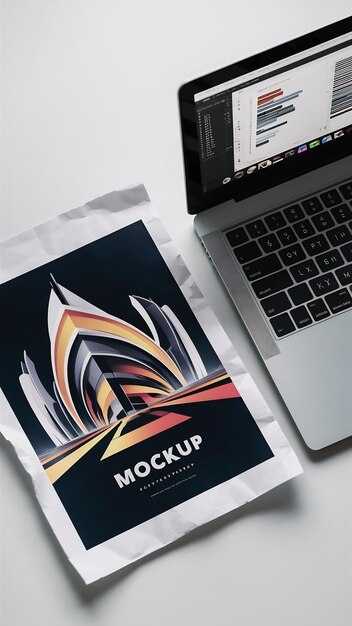 Photo flat lay paper mockup next to laptop