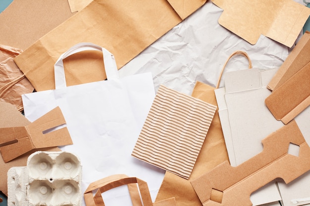 Flat lay of paper wastes ready for recycling