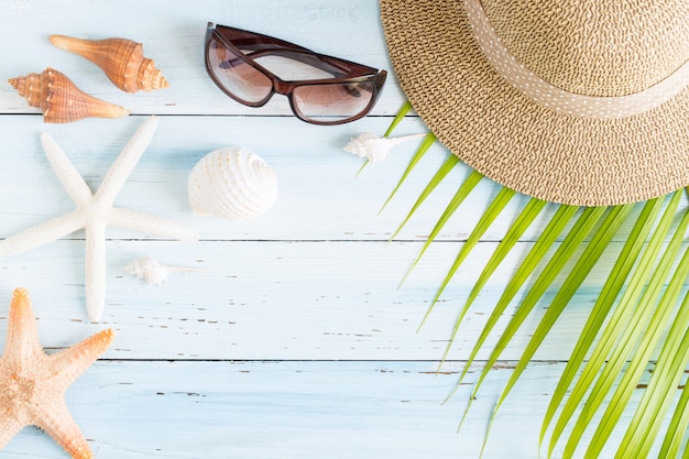 Flat lay photo coconut leaf and hat on wood background 