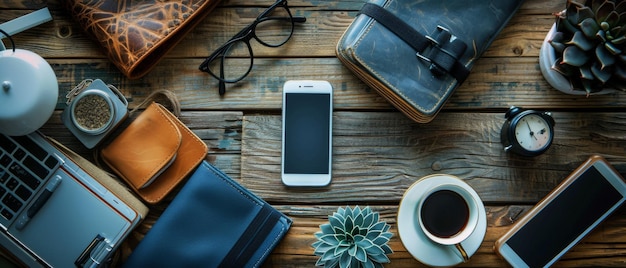 Flat lay photo of office essentials including smartphone glasses notebook and coffee cup on a wooden desk ideal for productivity themes