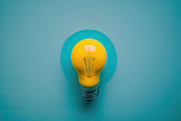 Flat lay photo of yellow bulb on turquoise blue background Illustration AI Generative