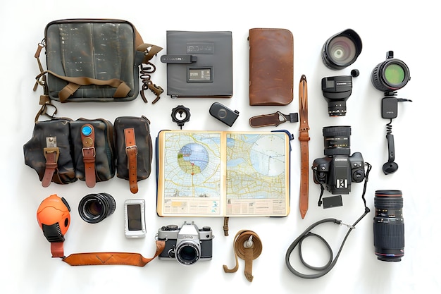 Flat Lay of Photography Equipment with Map and Leather Accessories