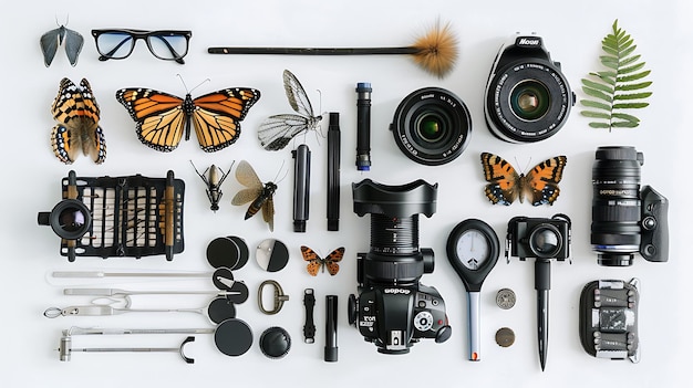 Photo flat lay photography still life with camera gear and butterflies