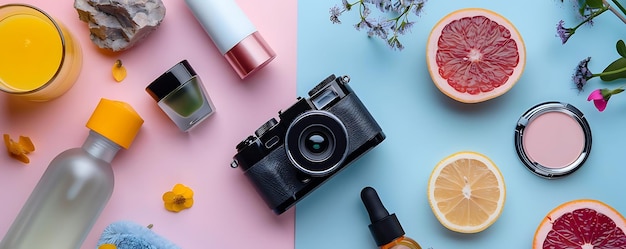 Photo flat lay photography with camera and beauty products on pink and blue background illustration