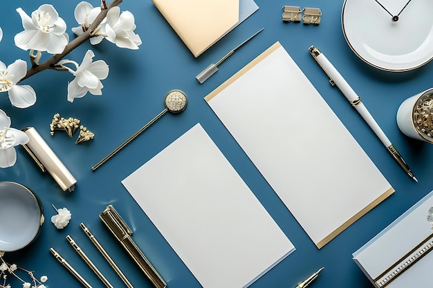 Photo flat lay photography with white flowers gold pens and paper on blue background illustration