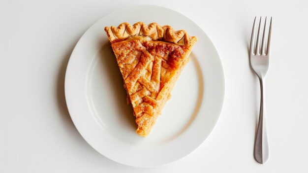 A flat lay picture of a slice of pie with a single fork next to it against a white background AI generated illustration