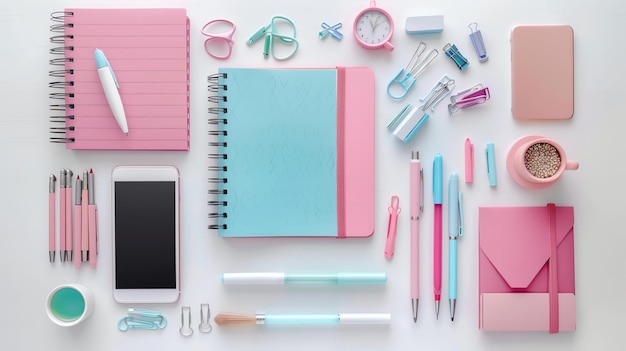 Flat lay of pink and blue office supplies