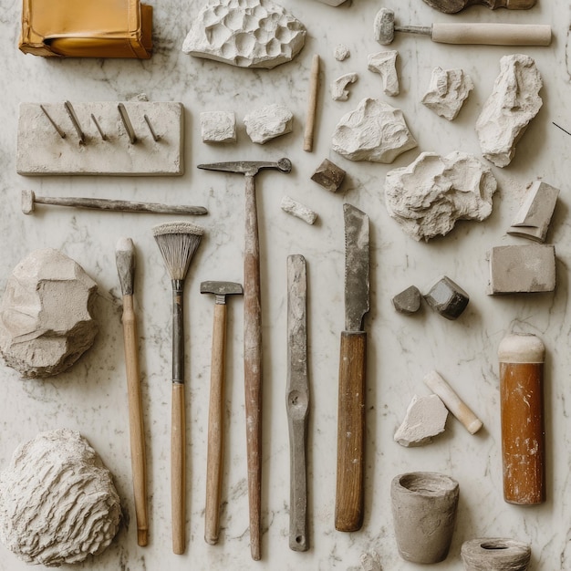 Flat lay of pottery tools and clay on a white surface