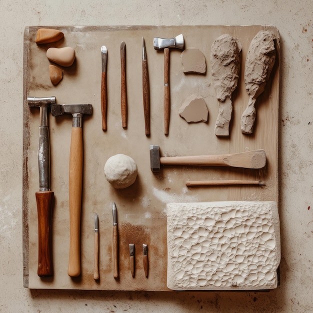 A flat lay of pottery tools and materials including a hammer a rolling pin a clay ball a piece of clay and a textured mold all arranged on a beige surface