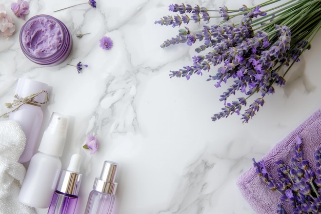 Photo flat lay products lavender flowers cosmetic bottles and cream jars on white marble background