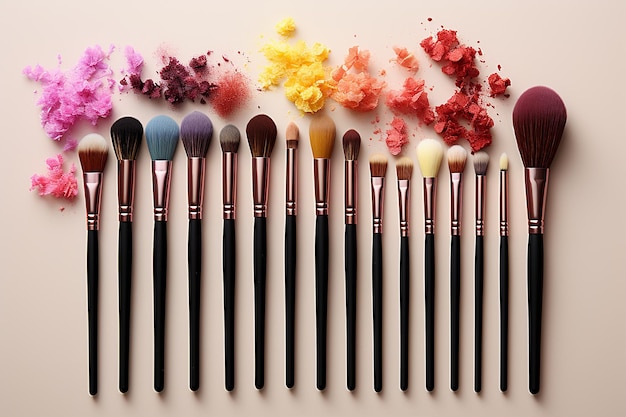 Flat Lay of Professional Makeup Tools on White Background