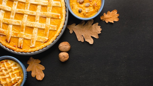 Flat lay of pumpkin pie for thanksgiving