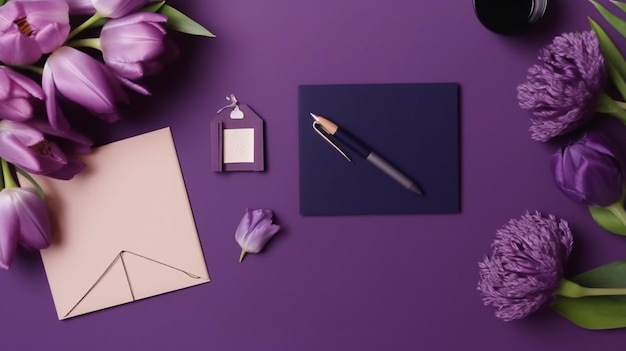 Flat lay on purple background top view of woman's desktop with envelope