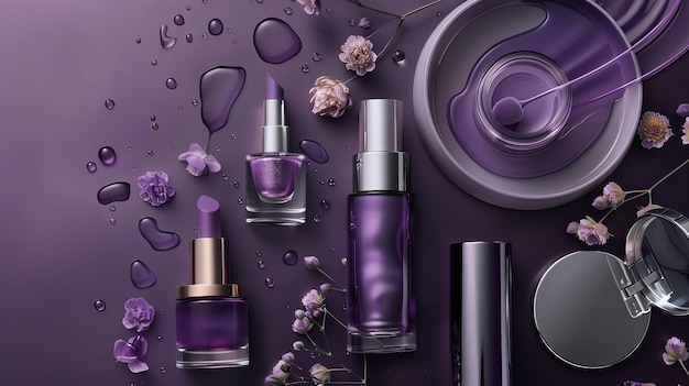 A flat lay of purple cosmetics and flowers