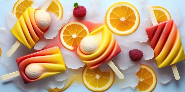 Flat lay of refreshing fruit ice lollies Ai generated