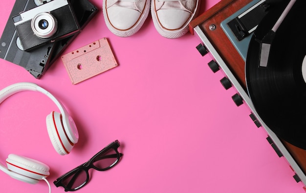 Flat lay retro 80s pop culture objects