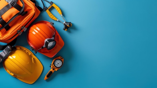 Flat lay of safety equipment including hard hats backpack and tools on a blue background representing workplace safety and preparedness