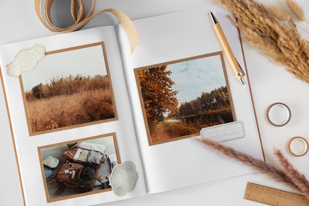 Flat lay scrapbook with photos