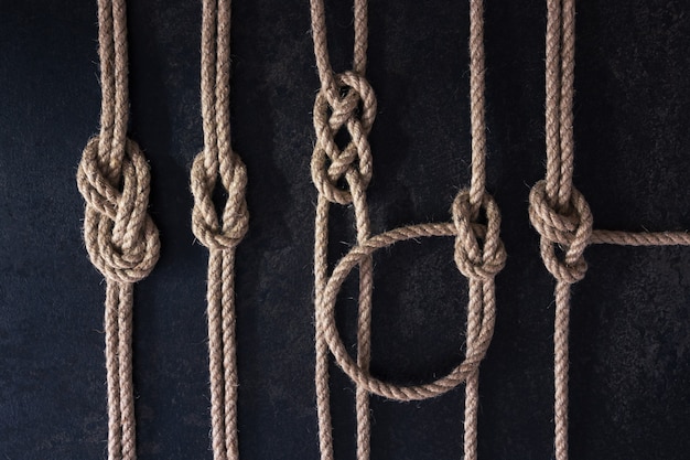 Photo flat lay set of five nautical knots tied on natural ropes which are parallel on a dark background