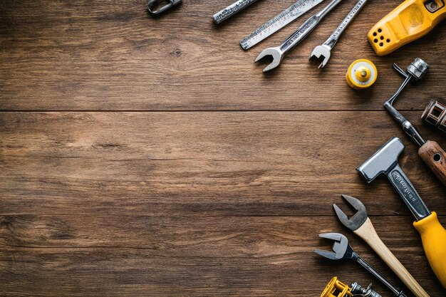 Flat lay of set of tools for concstruction works and home maintenance on wooden background Top view