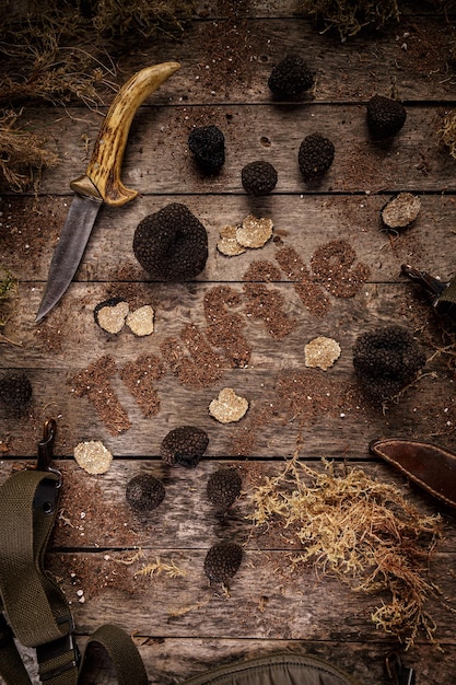 Flat lay shot of black truffles mushrooms on rustic wooden