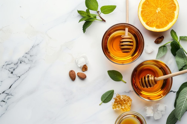 Photo flat lay shot of mouthwatering fresh honey