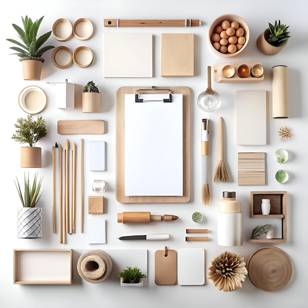 Photo a flat lay showcasing a stylish and organized workspace with wooden and natural elements