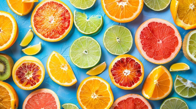 A flat lay of sliced citrus fruits including oranges grapefruits limes and kiwi on a blue background