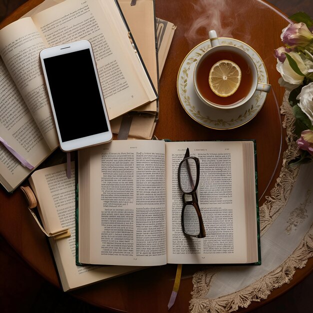 Photo flat lay of a smartphone with a blank screen with a collection of books and a cup of tea