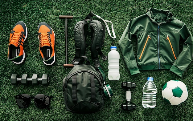 Photo flat lay sports equipment on green grass with soccer ball and accessories