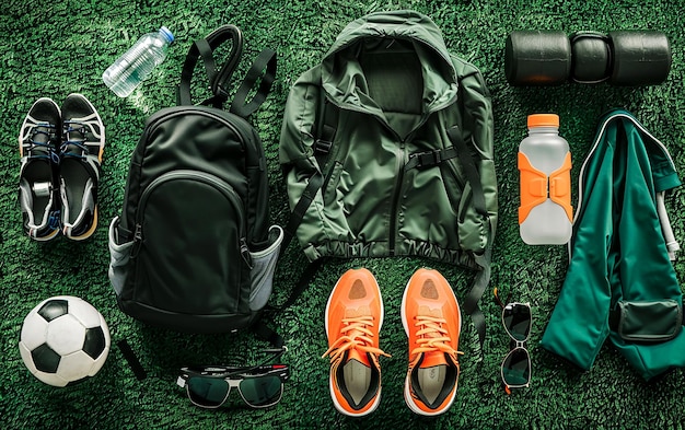 Photo flat lay sports equipment on green grass with soccer ball and accessories