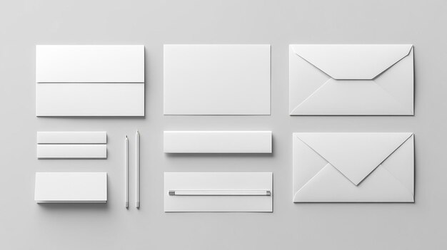 A flat lay of stationery mockups including envelopes cards and pens on a white background