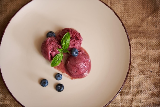 Flat lay Still life Vegan berry sorbet Homemade blueberry ice cream with organic blueberries and lemon basil leaves